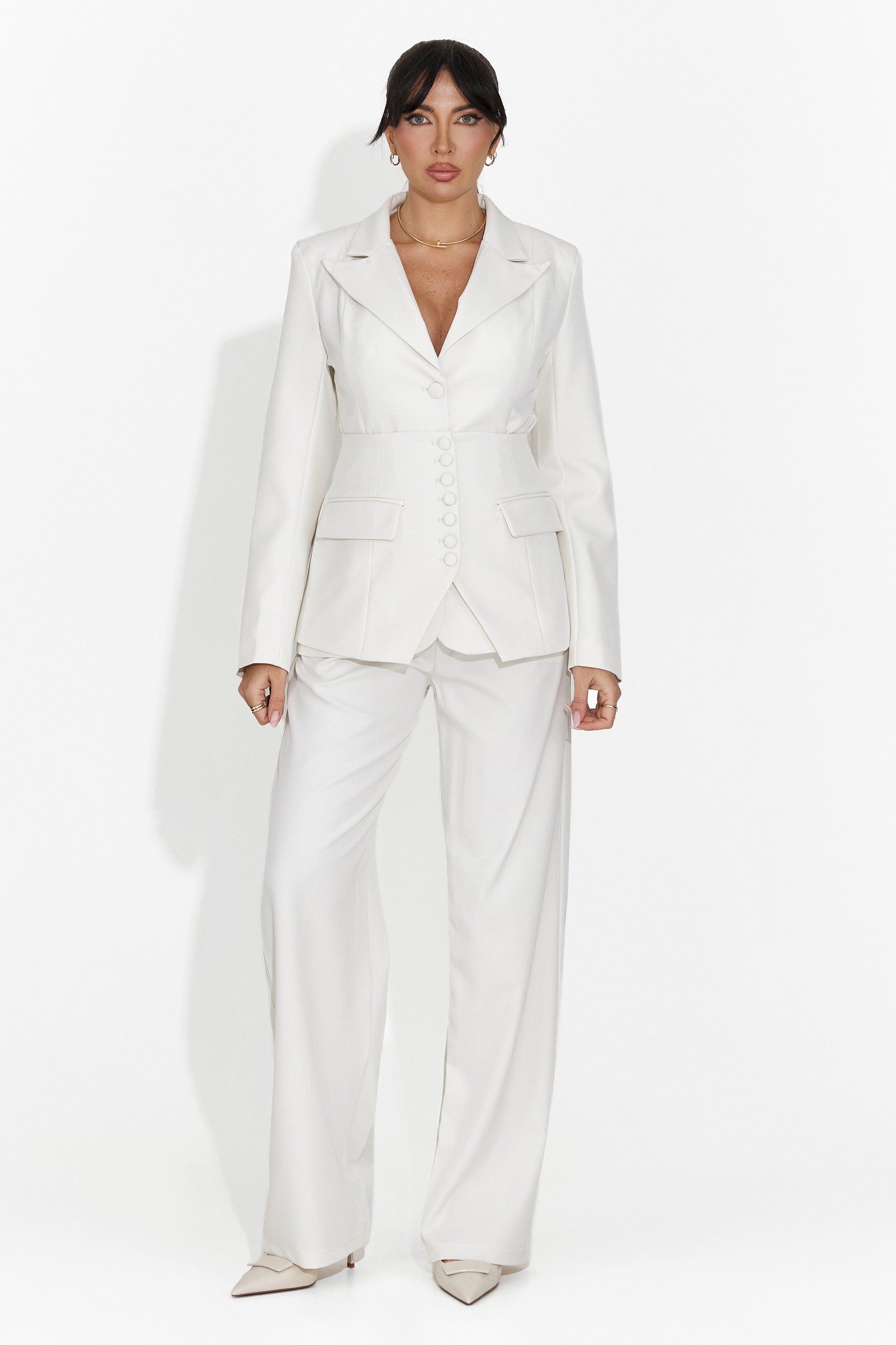 Komplet damski 3 części: marynarka + gorset + beżowe spodnie Gl