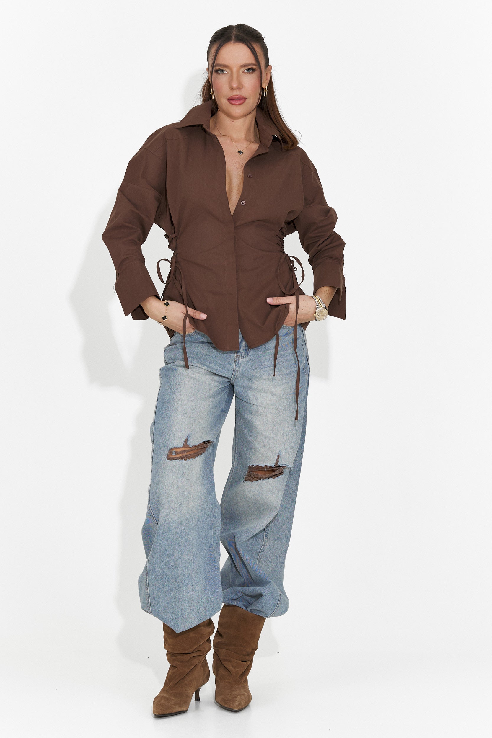 Elegancka Brązowa Koszula Damska Sivelia Bogas