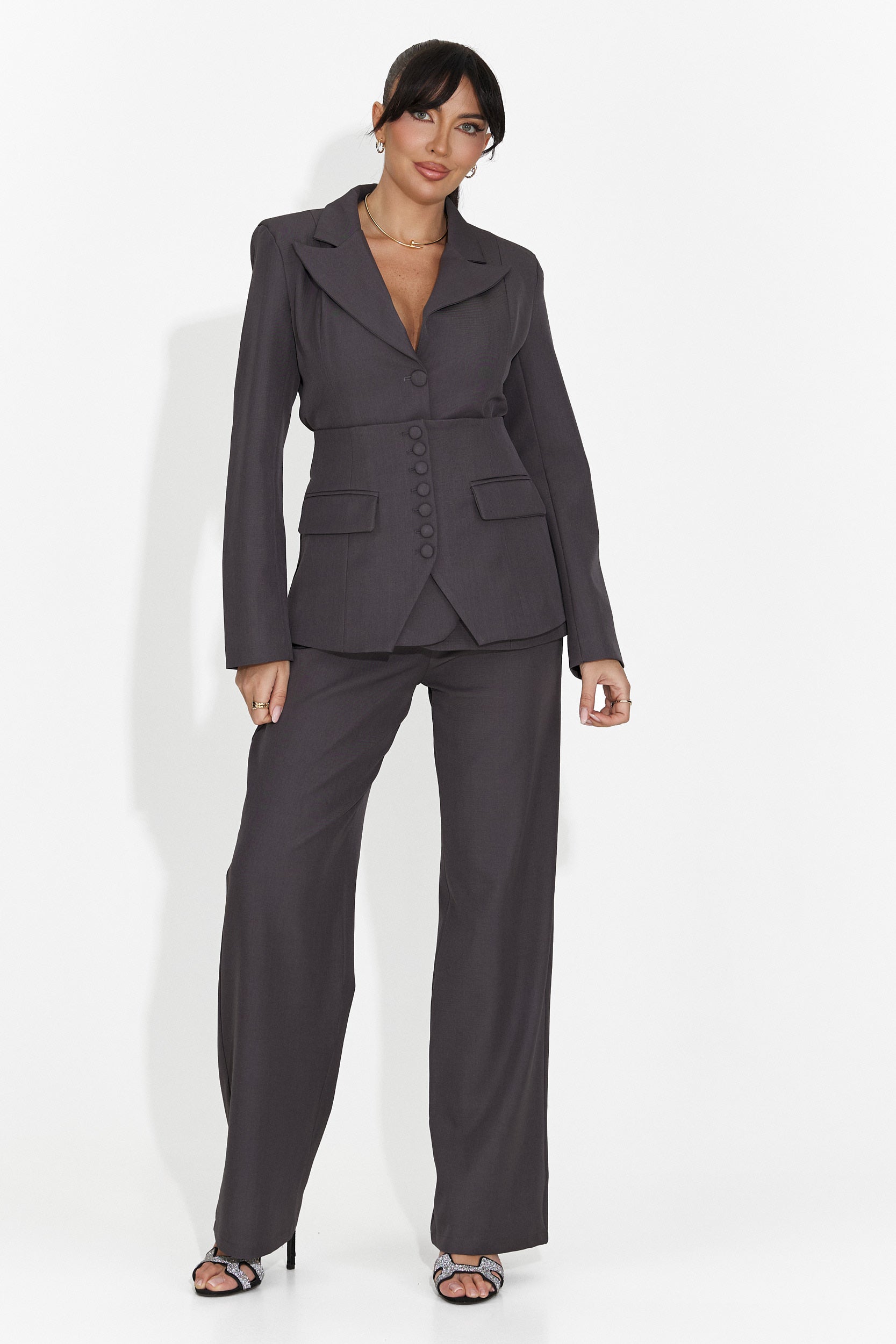 Damski 3-częściowy garnitur: marynarka + gorset + szare spodnie