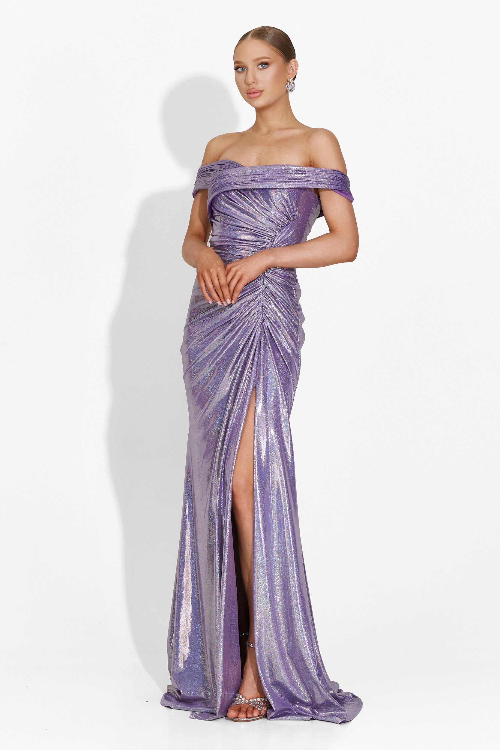 Długa sukienka damska lila Satyna Bogas