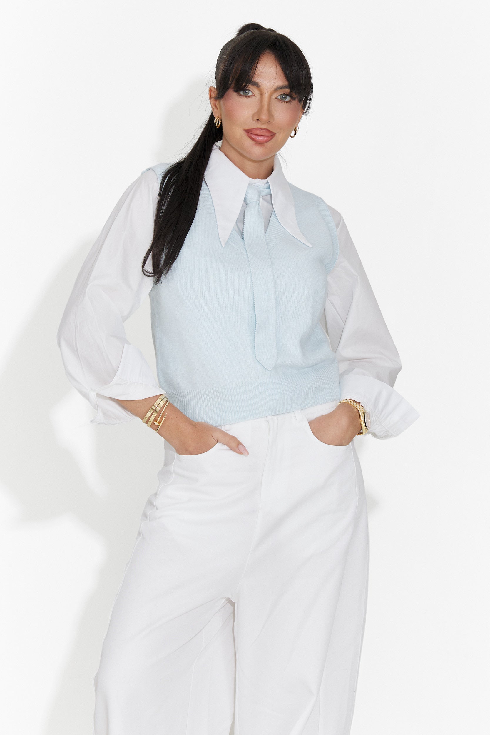 Zestaw 3 części koszula + kamizelka + niebieski krawat Tasiana